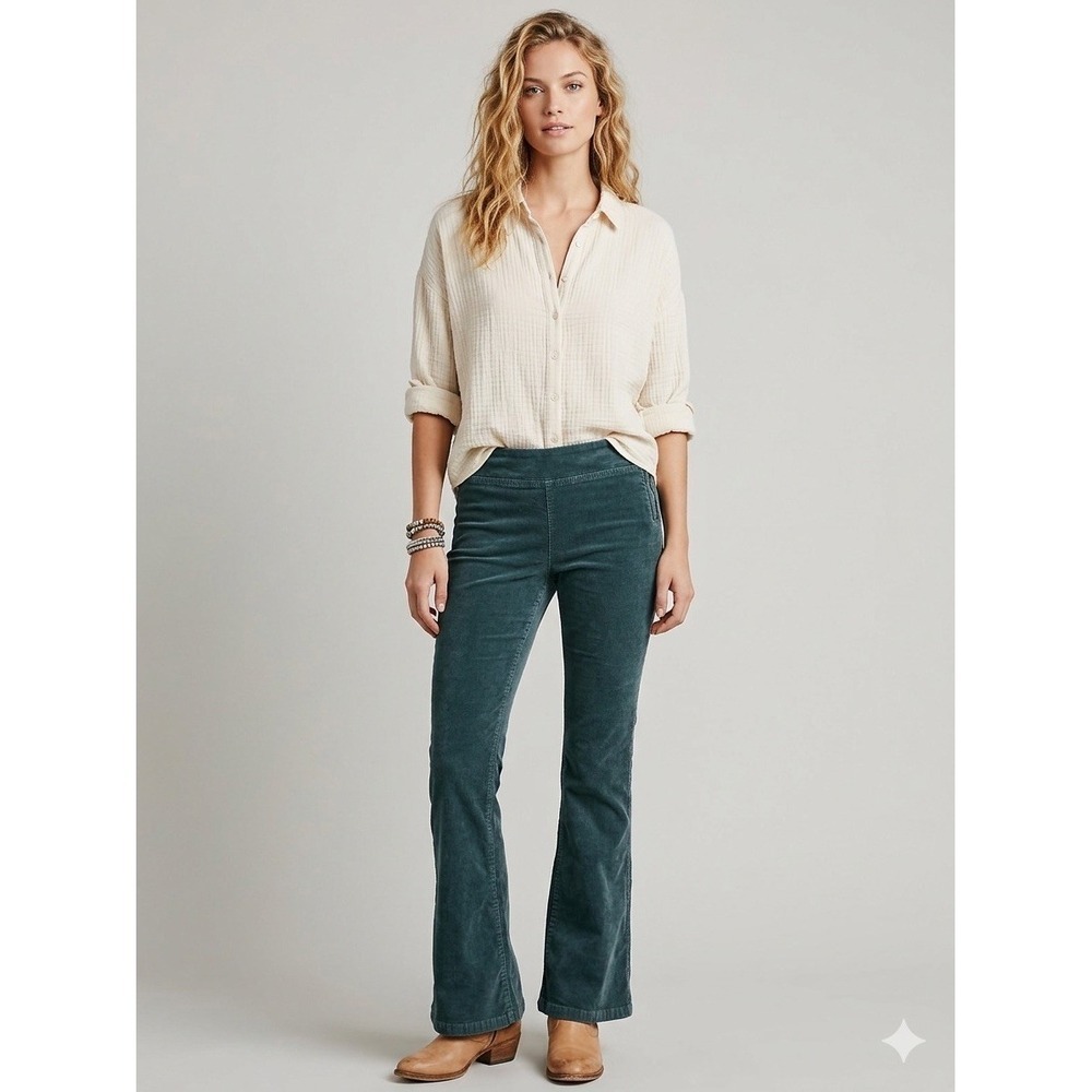 Free People Corduroy Flare Pants Teal Blue Green Side Zip Slim Fit XS